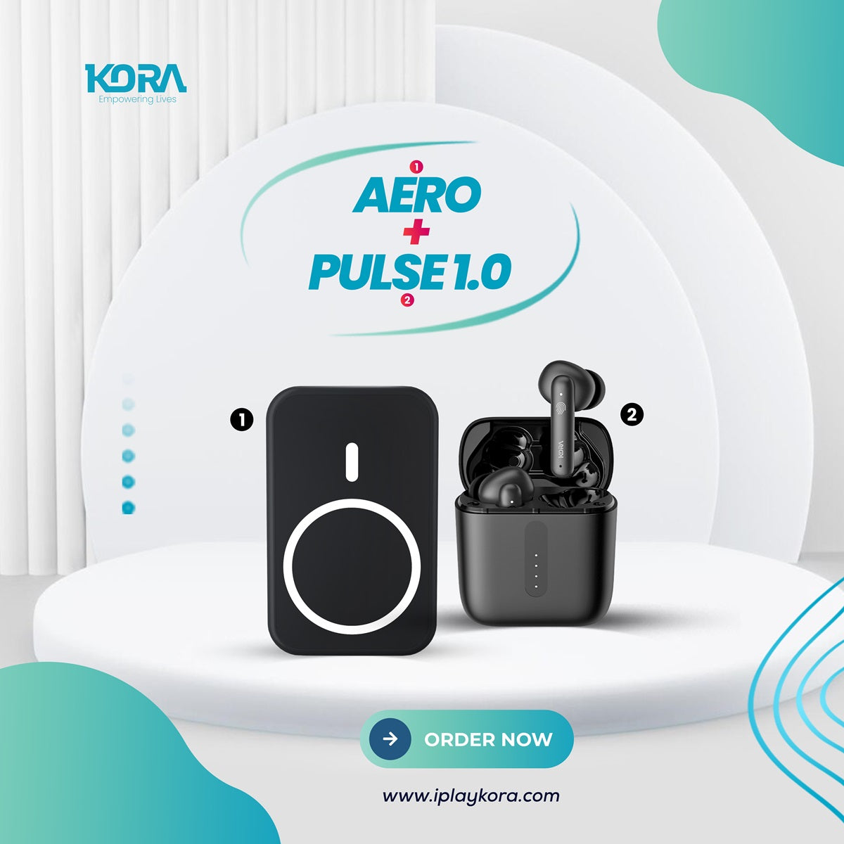 Kora Aero Wireless magsafe Power Bank + Kora Pulse 1.0 Wireless Earbuds with 8mm drivers, 40 Hours Playback