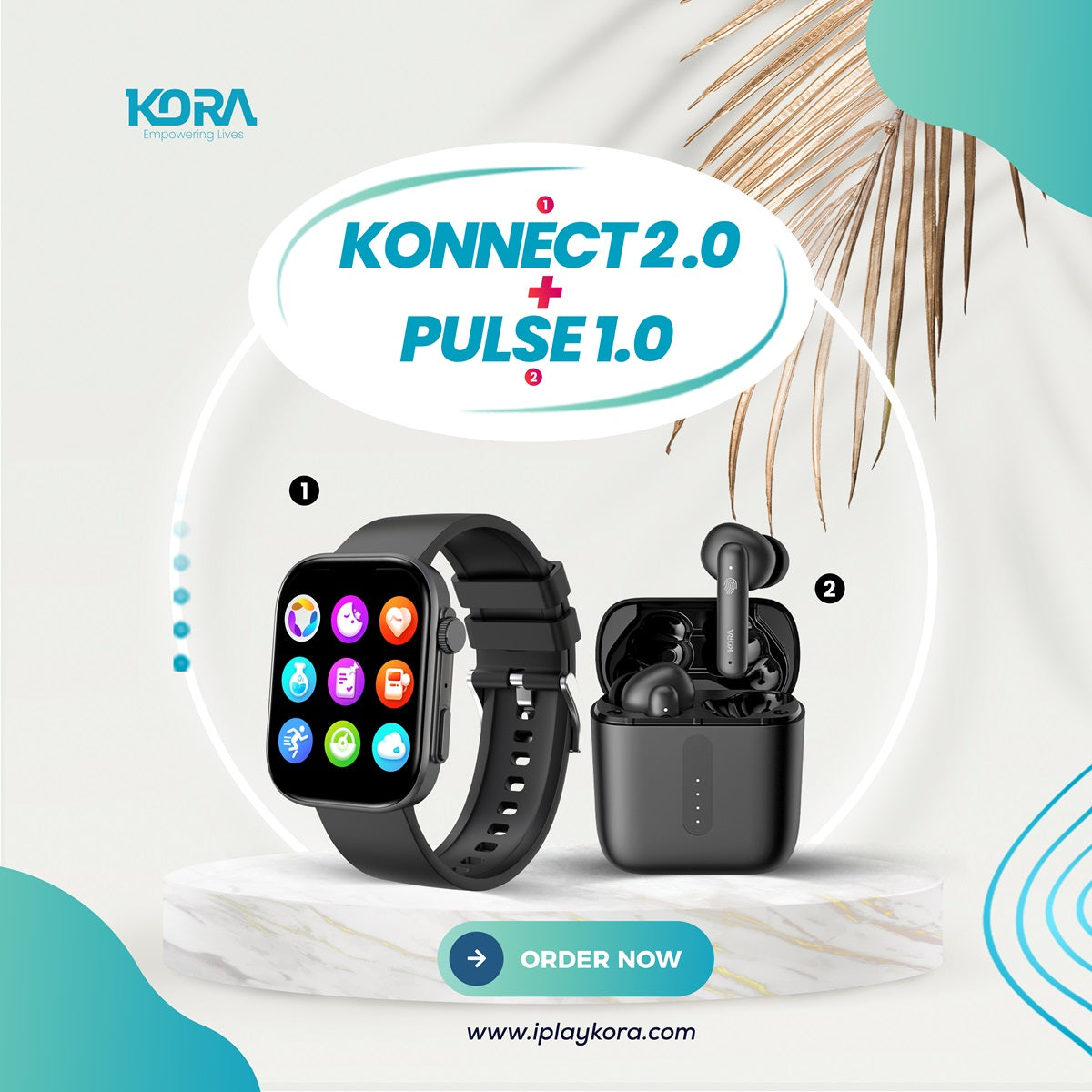 Kora Konnect 2.0 2.01'' Smart Watch with BT Calling + Pulse 1.0 Wireless Earbuds with 40 Hours Playback